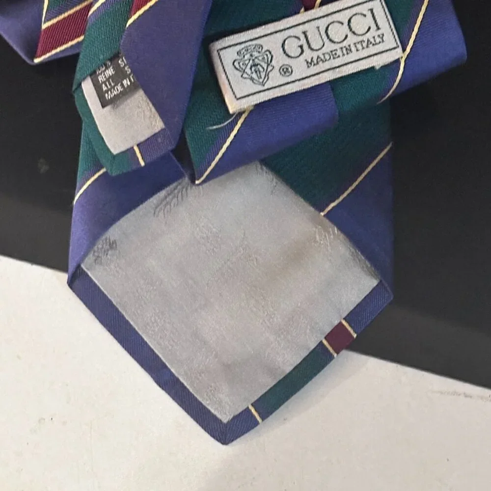 Gucci Logo Silk Tie Vintage Striped Blue Green Red Gold VTG Neckwear Academia